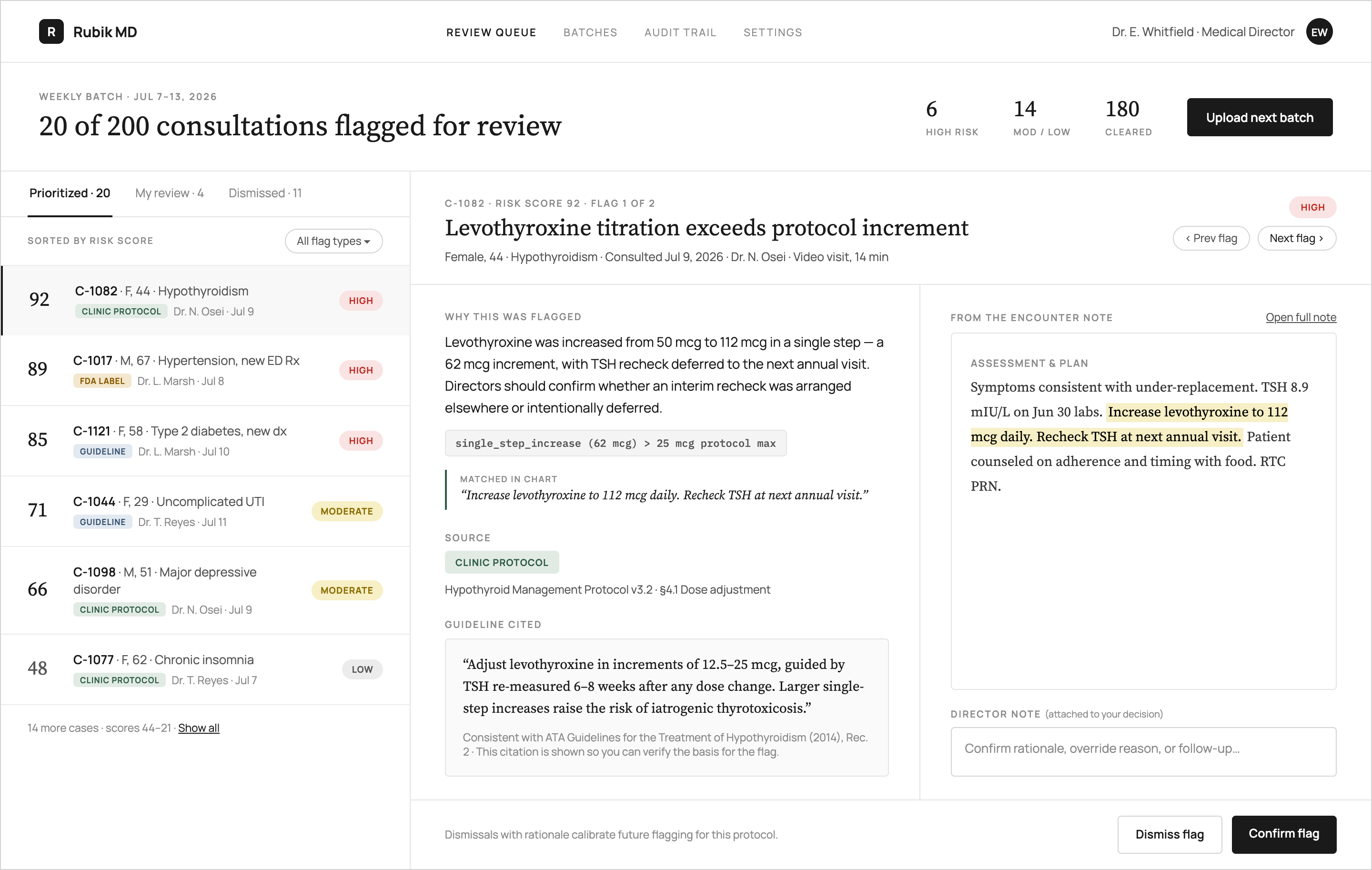 Rubik MD review queue showing a weekly batch with prioritized flags and case detail